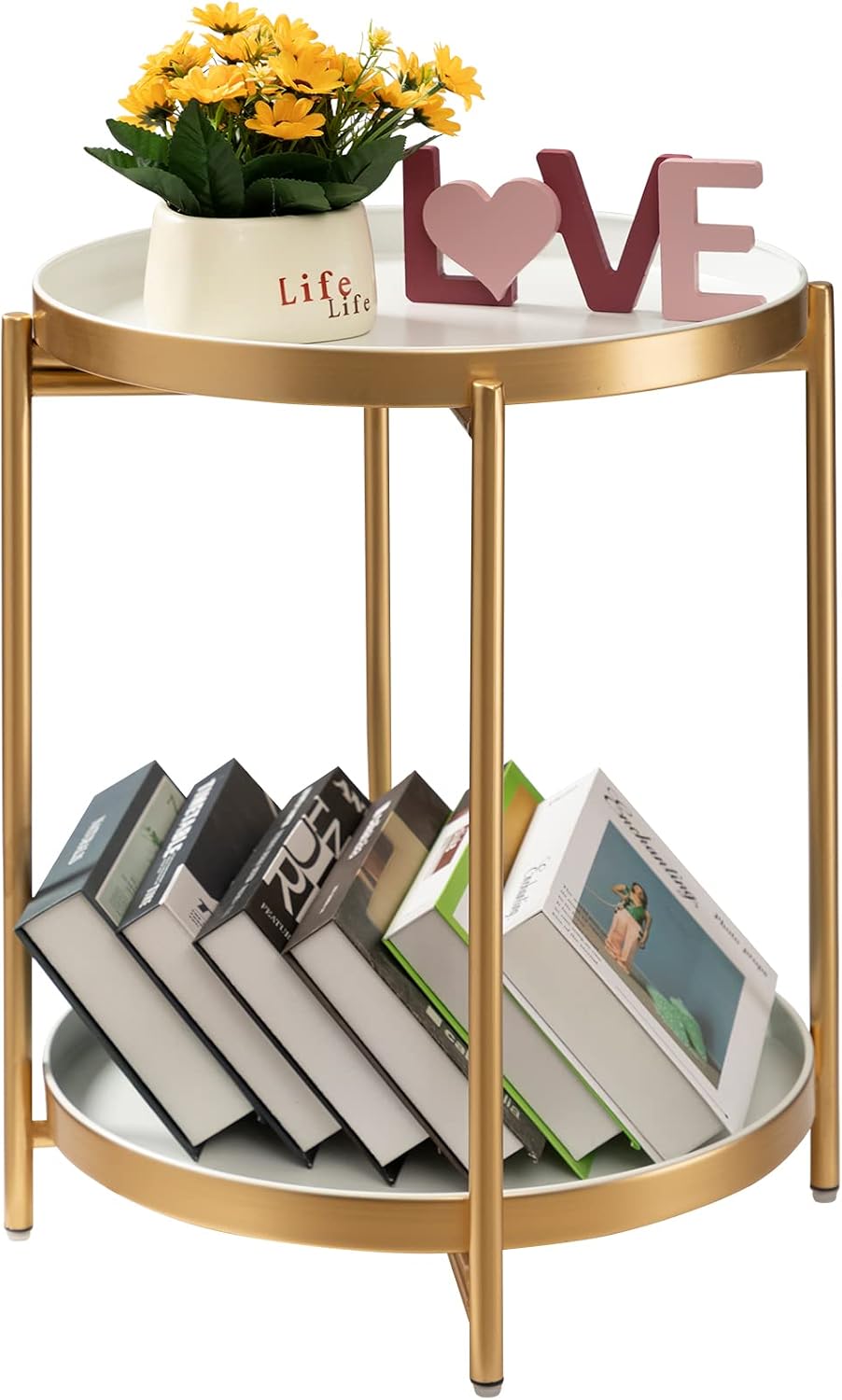 TeoKJ 2 Tier Gold Side Table, Folding Round Metal End Table Small Nightstand ...
