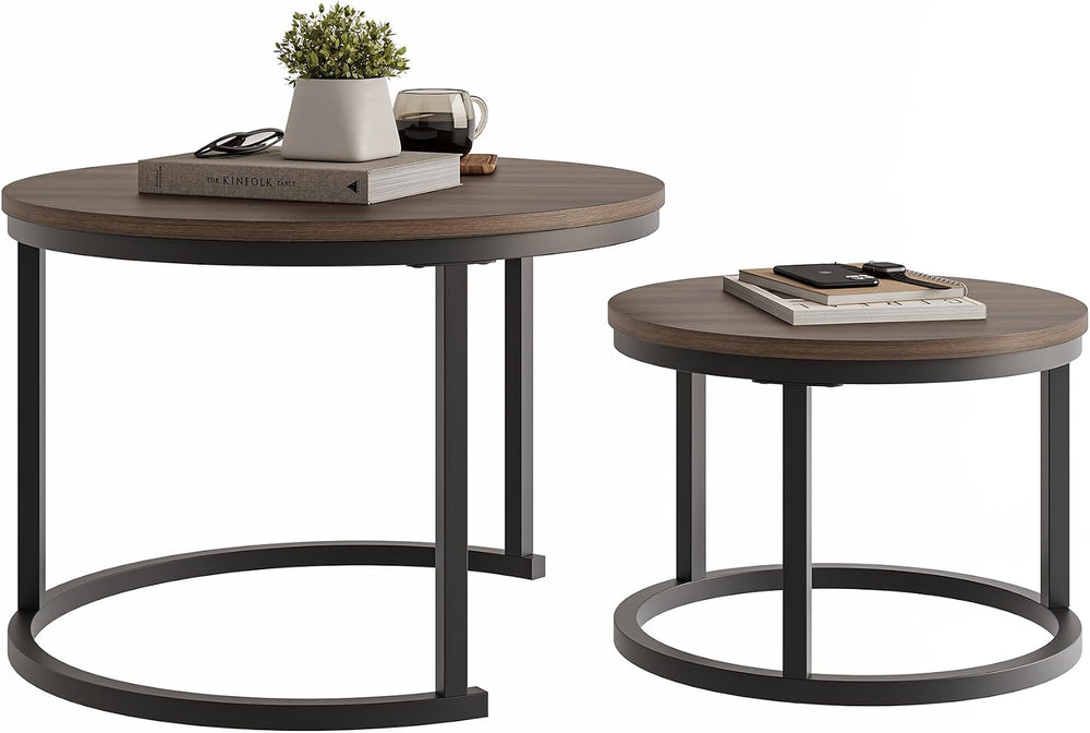 HOJINLINERO Round Nesting Coffee Table Set of 2,Walnut Coffee Table,Large
