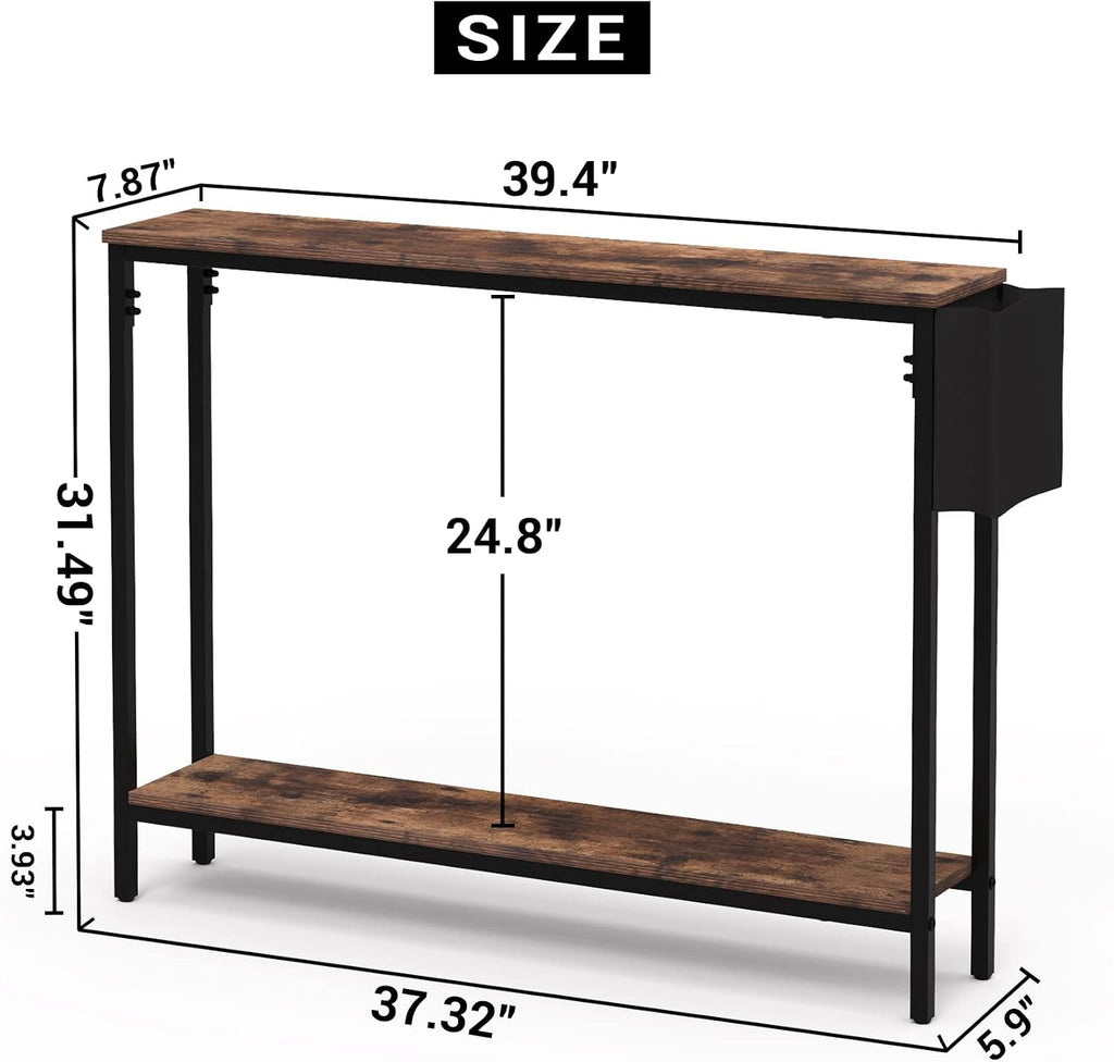 Bigbiglife 39.4" Console Entryway Table, 2-Tier Industrial Narrow Sofa Table with Storage Shelves for Hallway, Living Room, Bedroom, Foyer, Corridor, Office, Rustic Brown and Black
