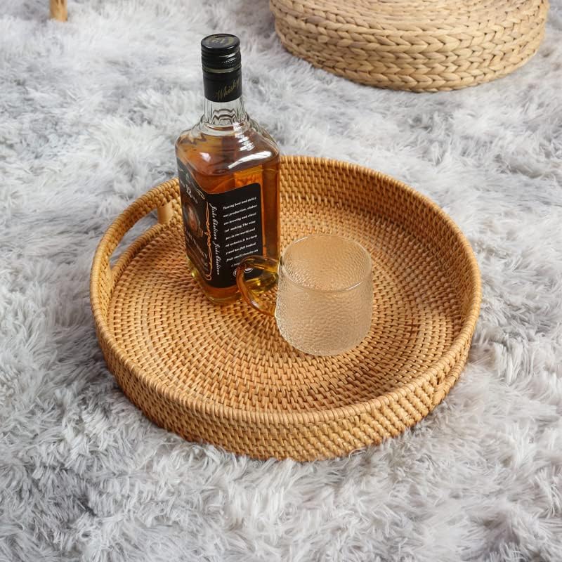 Coffee Table Tray Round Rattan Ottoman Tray Woven Serving Trays with Handles ...