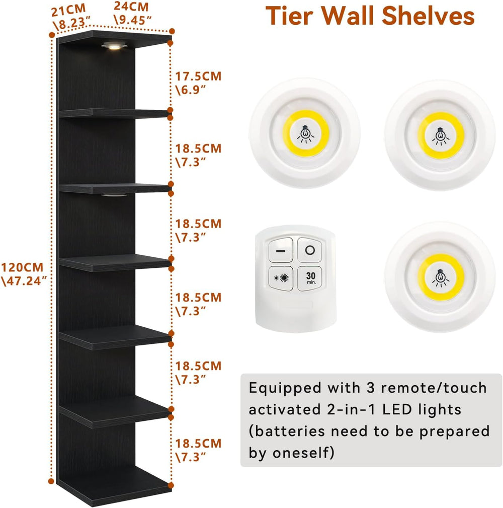 IBUYKE 7 Tier Wall Shelf Unit with LED Lights,Lack Shelf Black WBC017B