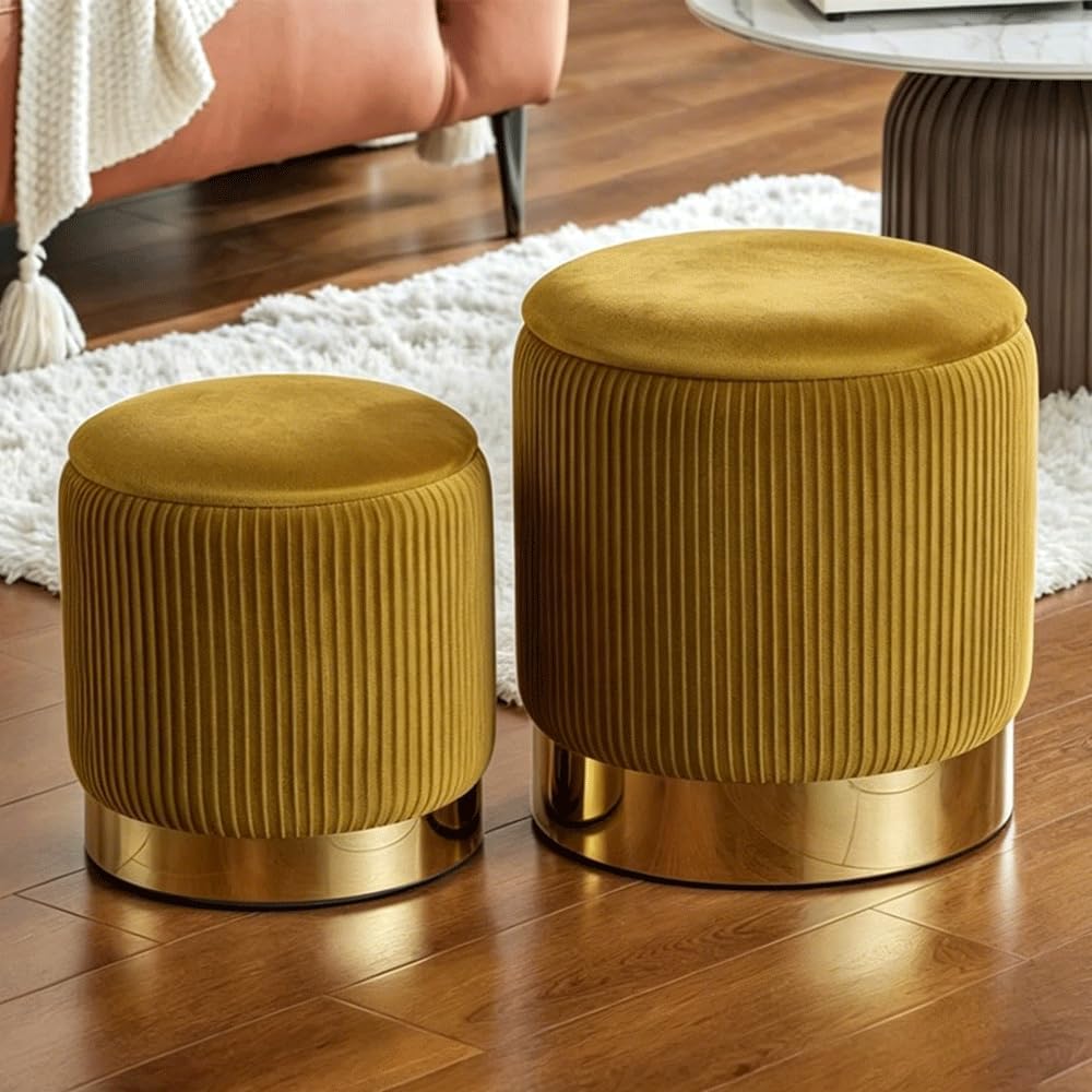 Round Ottoman with Storage, Yellow Velvet, Set of 2