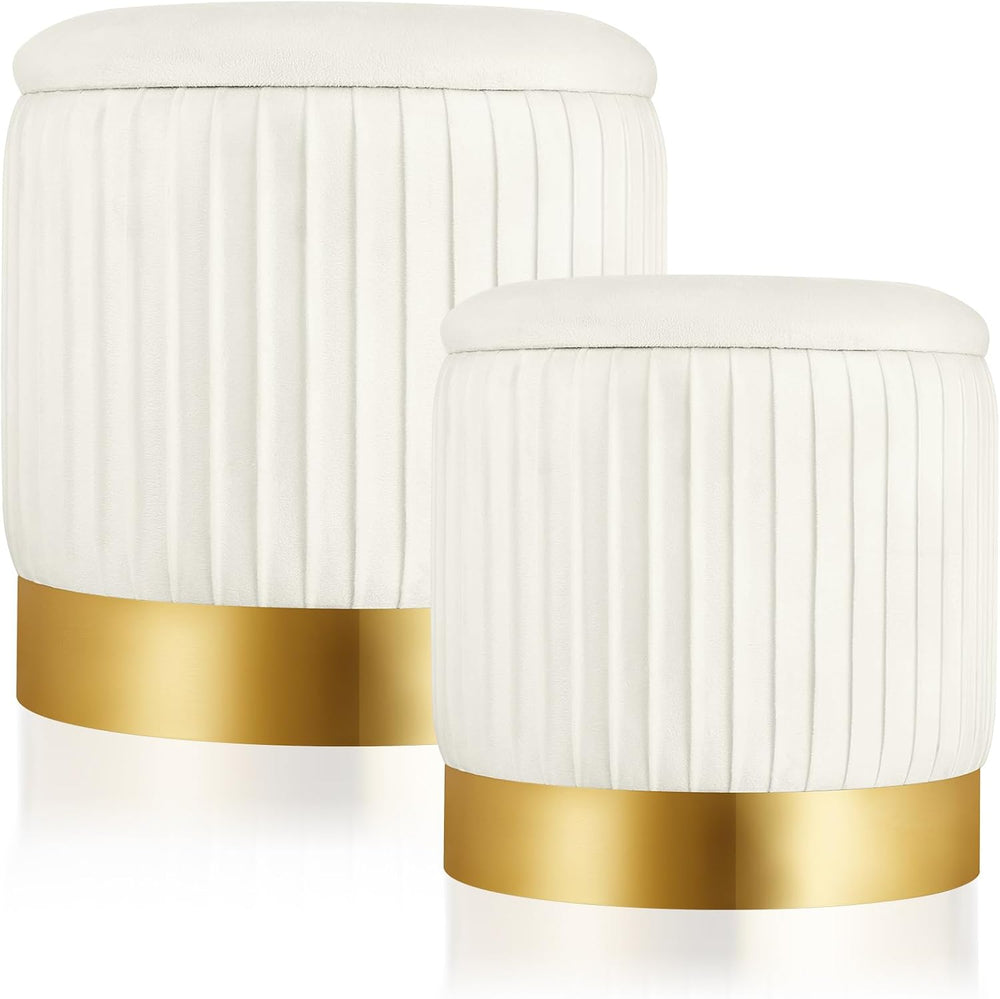 Barydat 2 Pcs Round Ottoman with Storage White Velvet Storage Ottoman Stool w...
