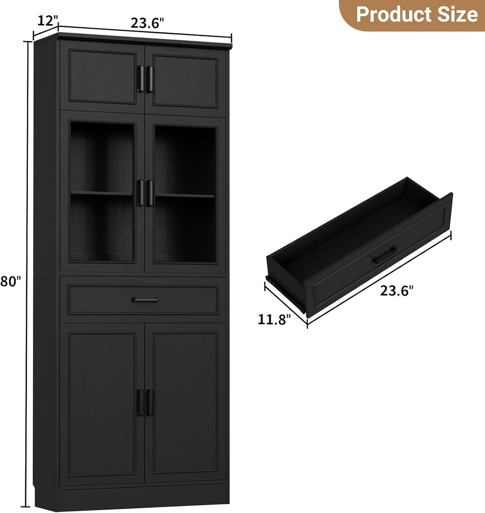 Unikito 80" Kitchen Pantry Cabinet with Glass Doors and Drawer Organizer
