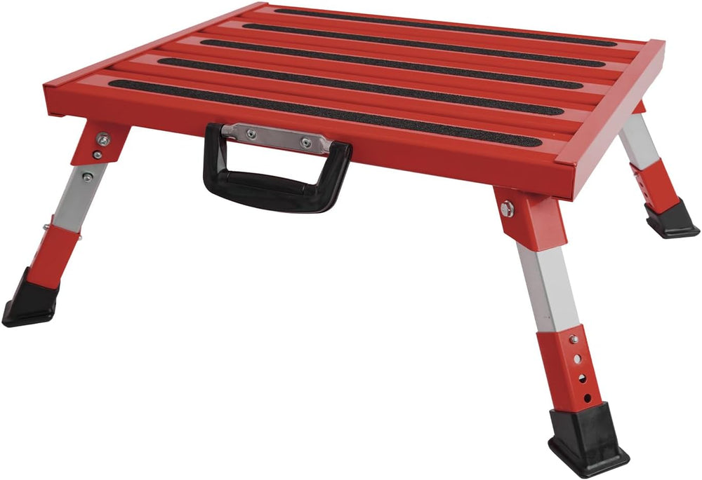 Homeon Wheels Adjustable RV Step Stool, Folding Aluminum Platform, Red