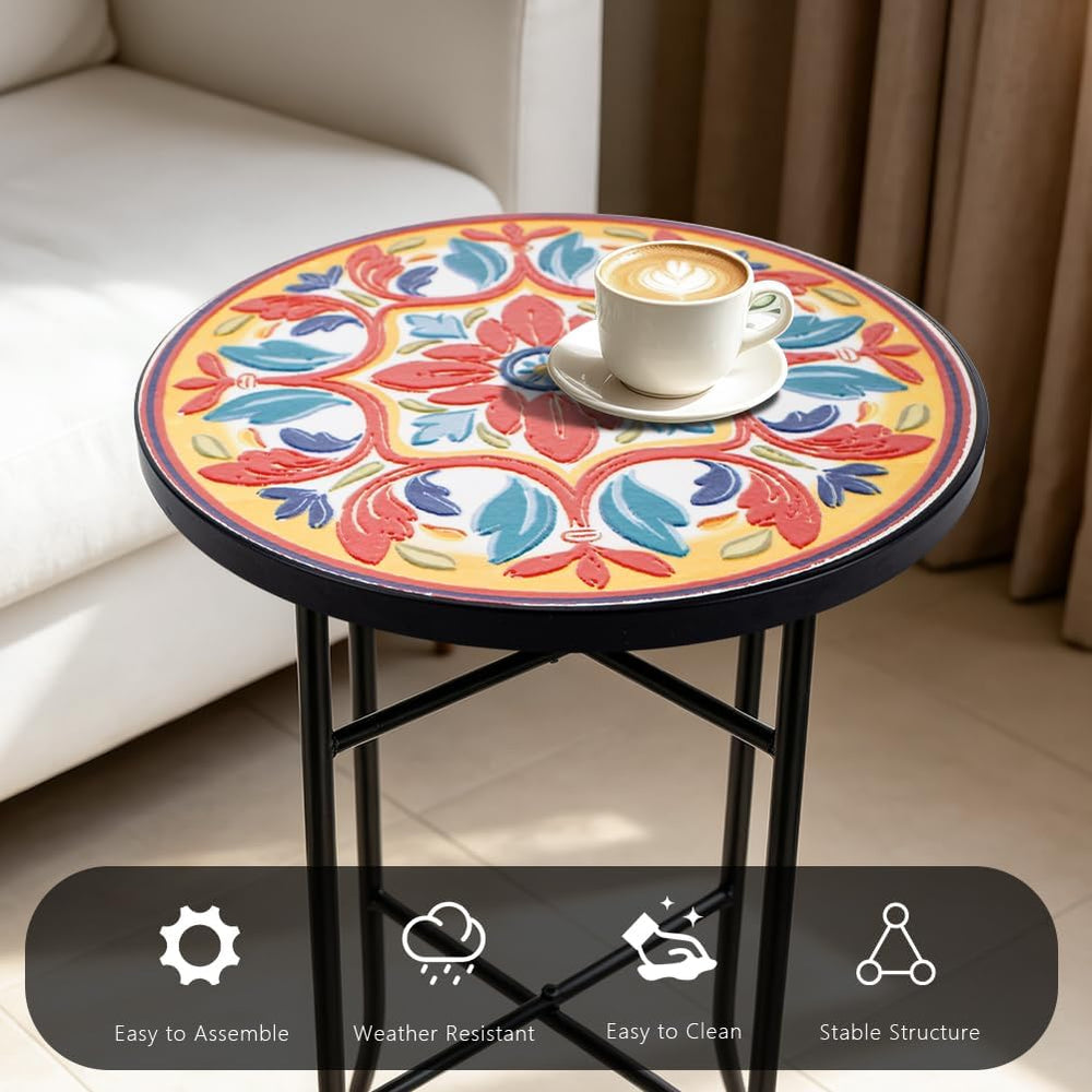 14 Inch Mosaic Patio Round Side Table with X-Straight Legs