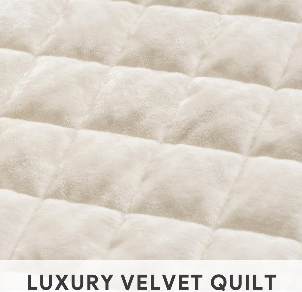 RECYCO Channel Box Stitch Velvet Quilt Set, King Size, Cream White