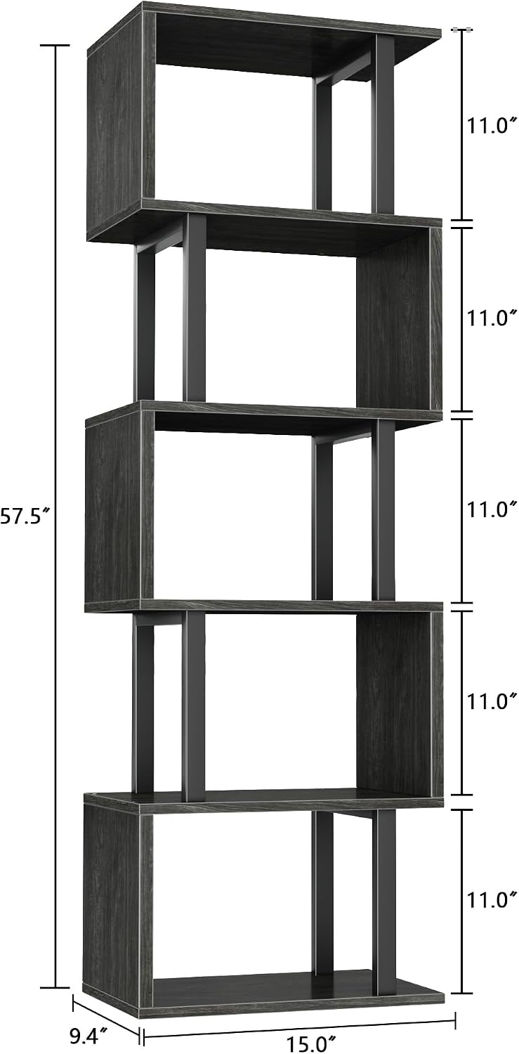Furologee 6 Tier Bookshelf, S Shaped Geometric Bookcase, Black Oak