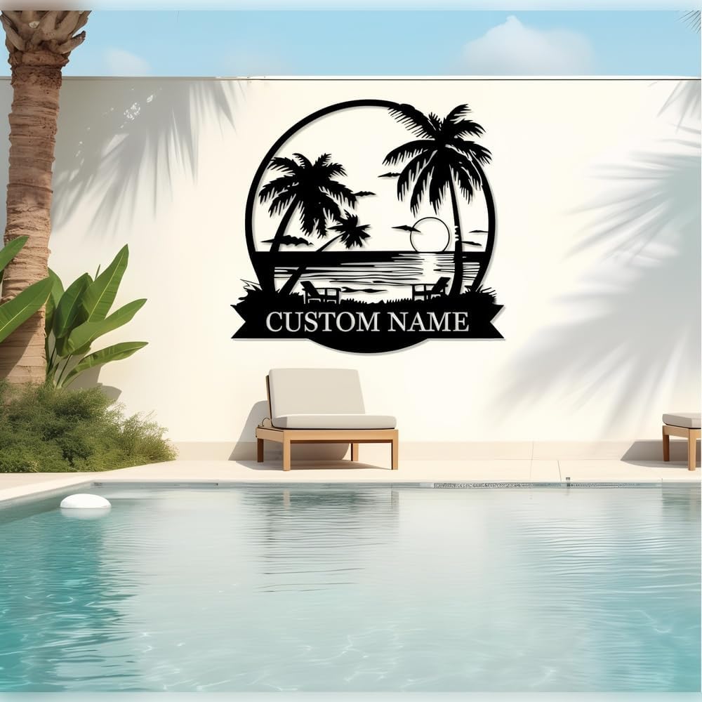 Personalized Sunset Metal Wall Sign, Custom Palm Tree Name Sign, Customized B...