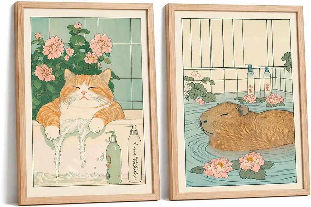 Framed Japanese Bathroom Wall Art Set of 2 Funny Cat & Capybara Bath Print