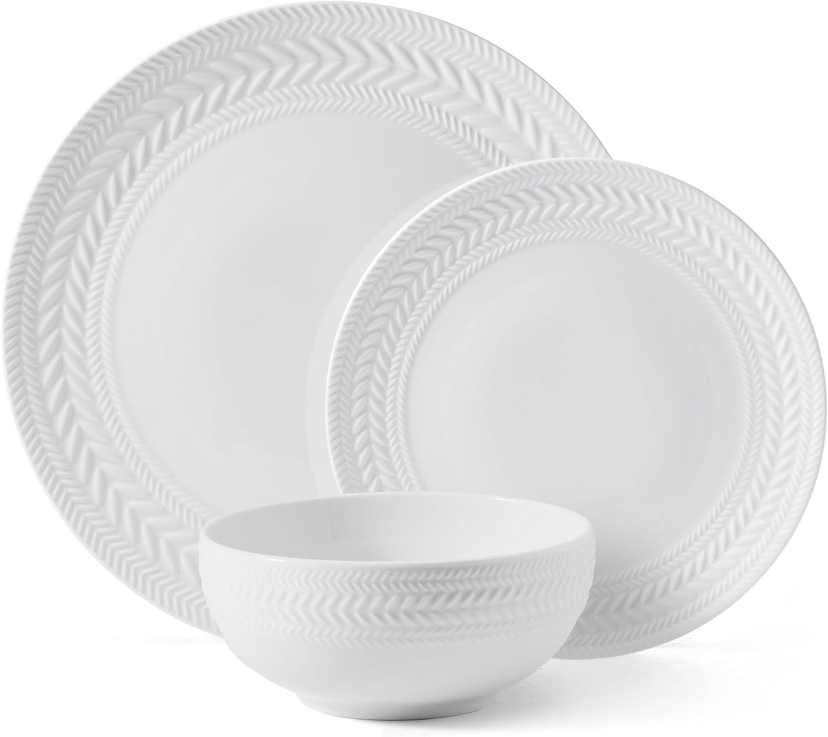 Pfaltzgraff Josephine 24-Piece Dinnerware Set, Porcelain Dish Set with Embossed Basket Weave Design, Service for 8, White Plates and Bowls Sets, Microwave and Dishwasher Safe