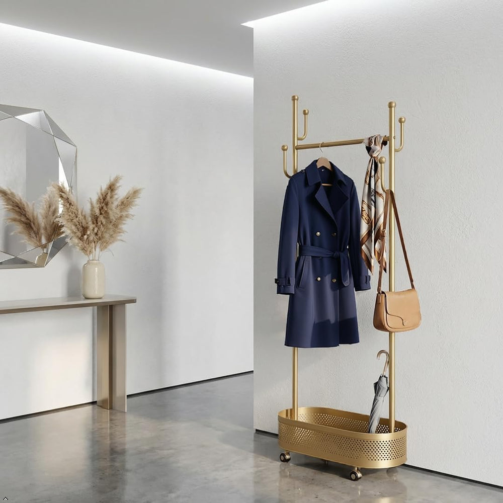 Gold Wheeled Cactus Metal Coat Rack Freestanding Garment Organizer