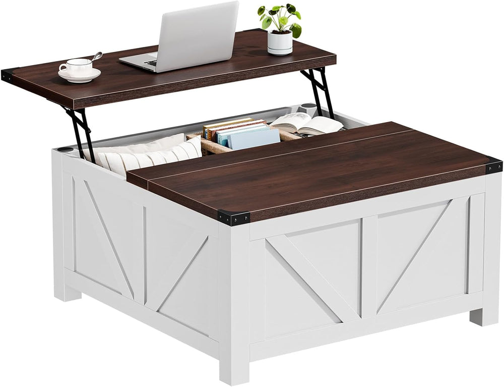 DUMOS Farmhouse Lift Top Coffee Table with Charging Station and Storage