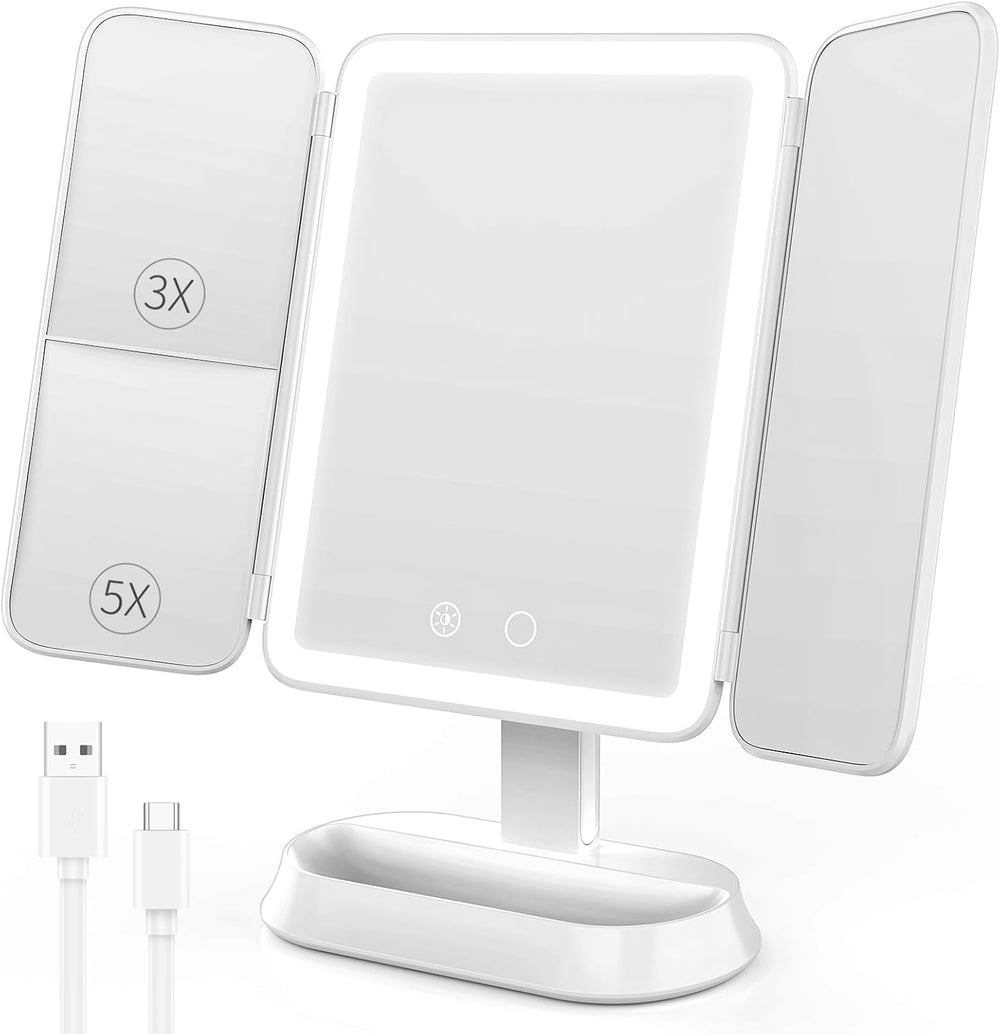 FRANO Trifold Makeup Mirror with Light, 3X/5X Magnifying Vanity Mirror,