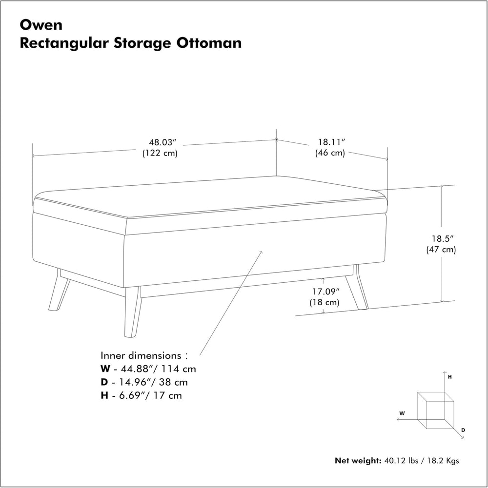 SIMPLIHOME Owen 48" Wide Vegan Leather Lift Top Ottoman in Saddle Brown