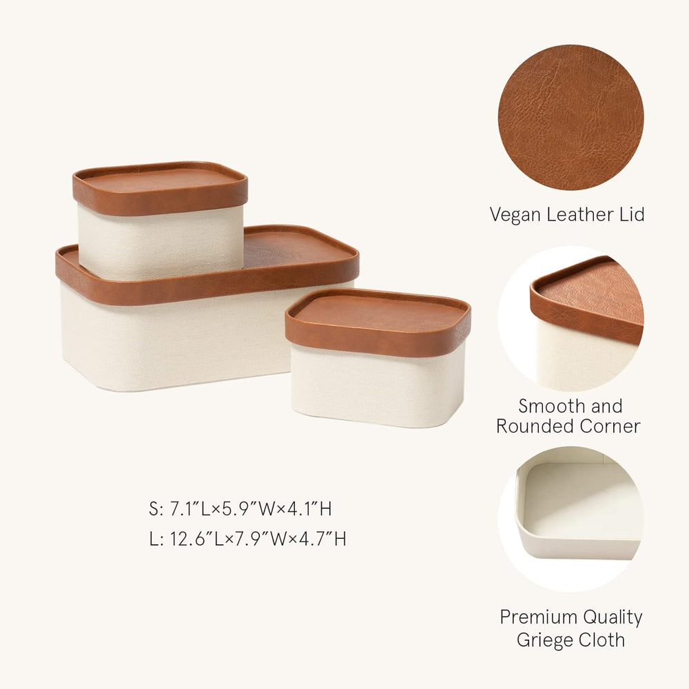 LA JOLIE MUSE Decorative Storage Boxes with Lids Faux Leather, Beige 3 Pack