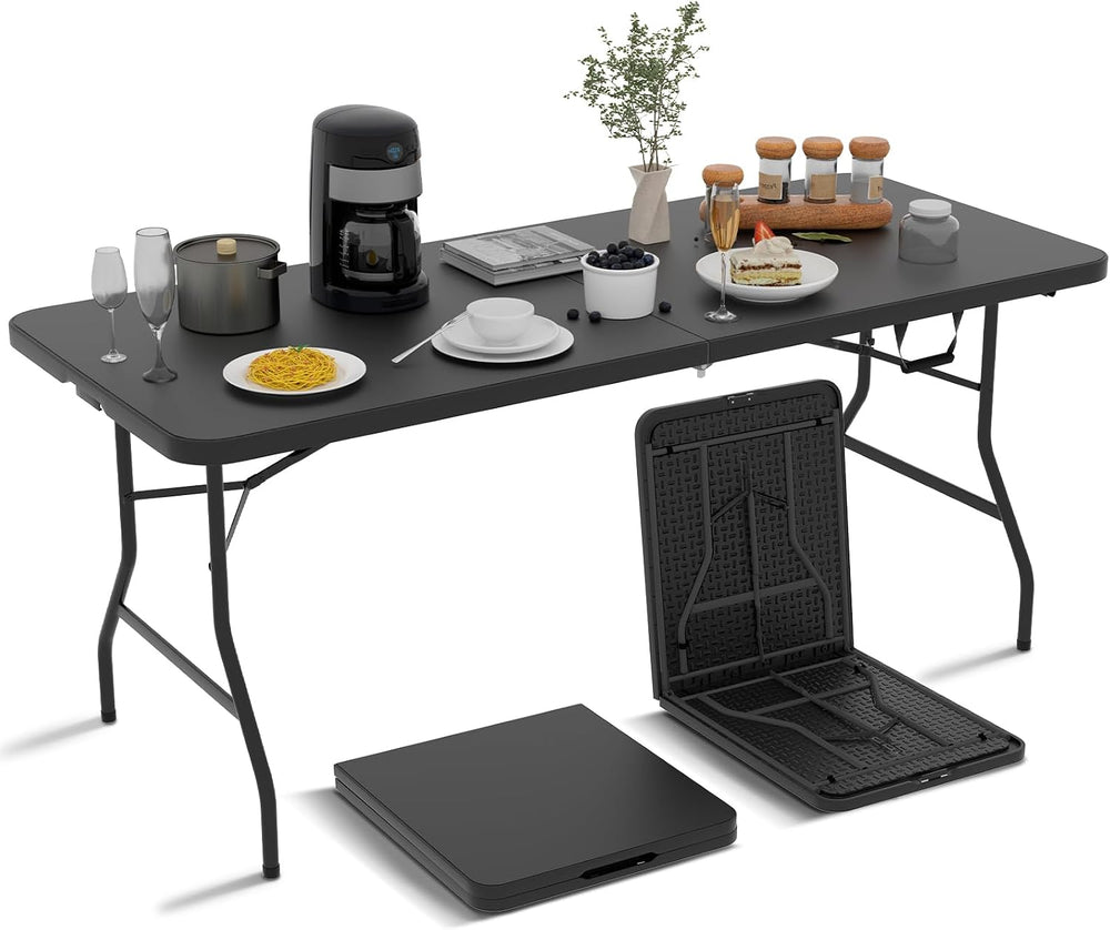 6 FT Folding Table with Built-in Handle and Steel Legs Black