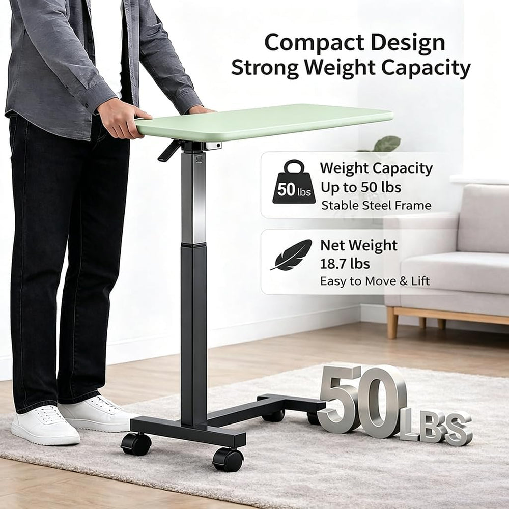 Adjustable Overbed Table with Wheels, Light Green