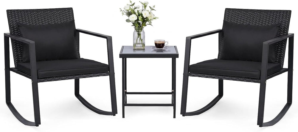 Tangkula 3-Piece Outdoor Rocking Chair Set, Black Cushion