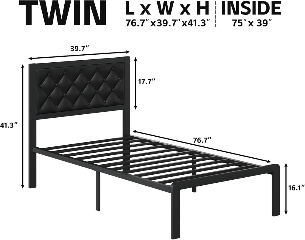 Fluest Twin Bed Frame with Headboard PU Leather Upholstered Bed Frame Platform,All Metal Slats Support Platform Bed Frame with Storage Space,Easy Assembly,Noise Free,No Box Spring Needed,Black