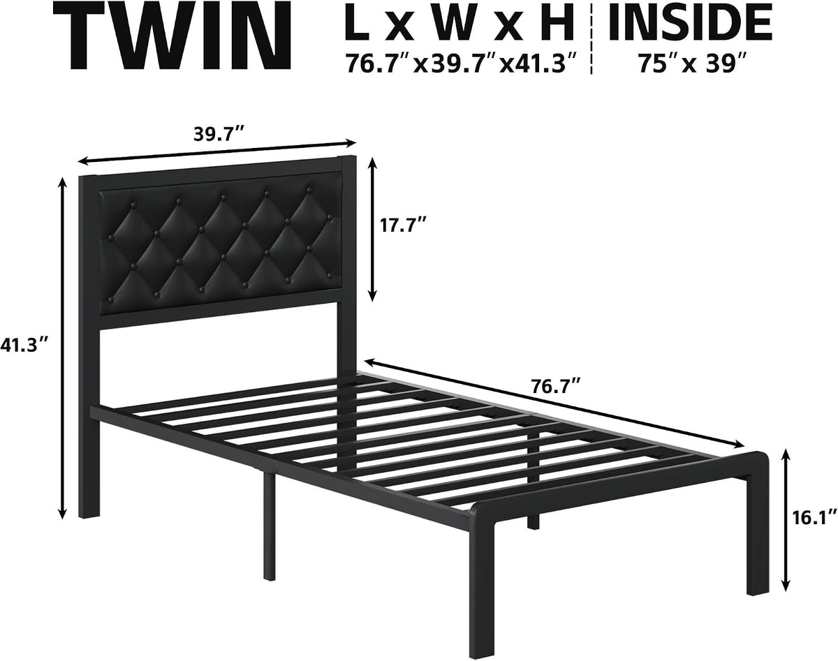 Fluest Twin Bed Frame with Headboard PU Leather Upholstered Bed Frame Platform,All Metal Slats Support Platform Bed Frame with Storage Space,Easy Assembly,Noise Free,No Box Spring Needed,Black