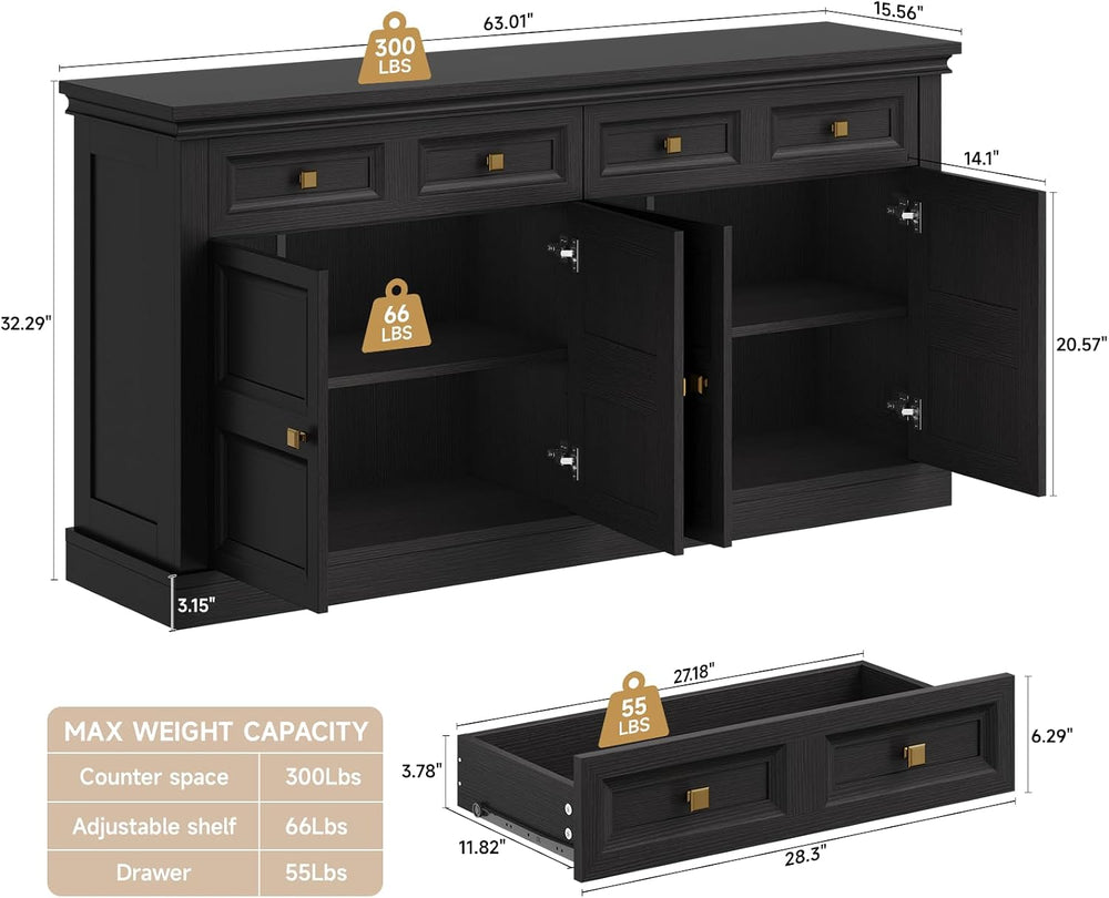 ONBRILL 63 Inch Buffet Cabinets with Storage, 4-Doors Sideboard Credenza