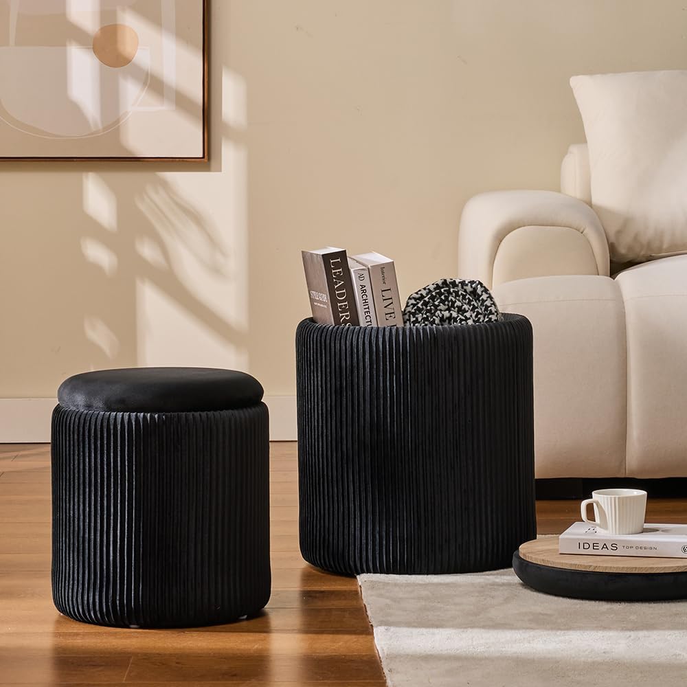 BLEXA Round Ottoman with Storage, Set of 2, Velvet Vanity Stool, Black
