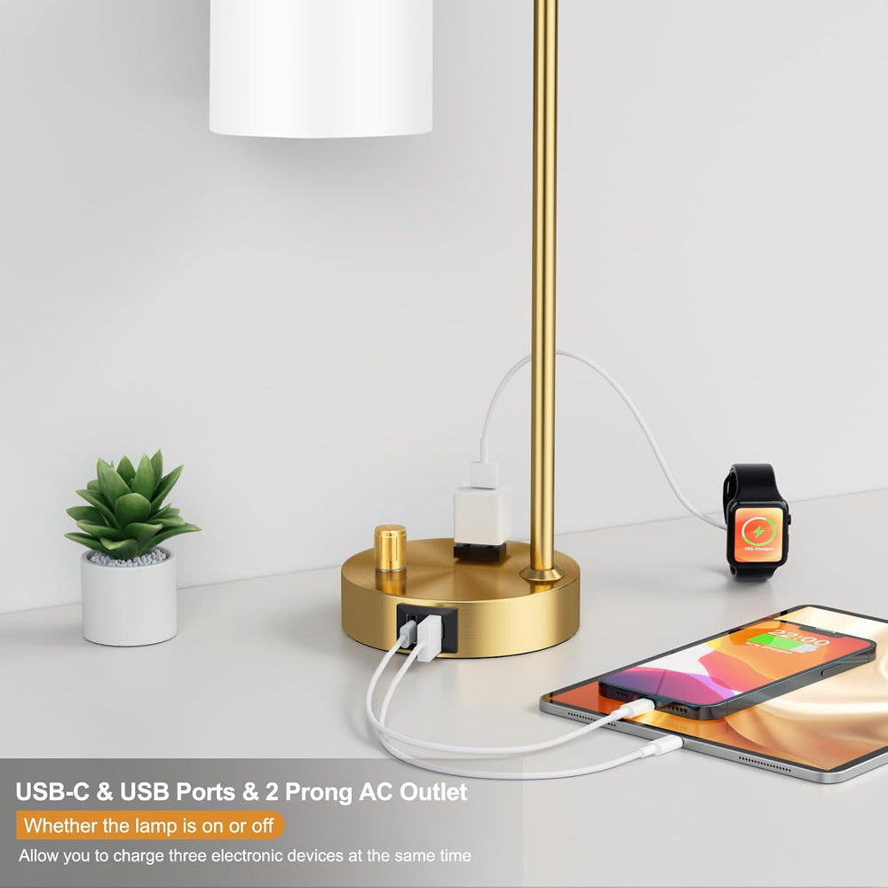 Innqoo Gold Lamp for Bedroom - Industrial Bedside Table Lamp with USB Port an...