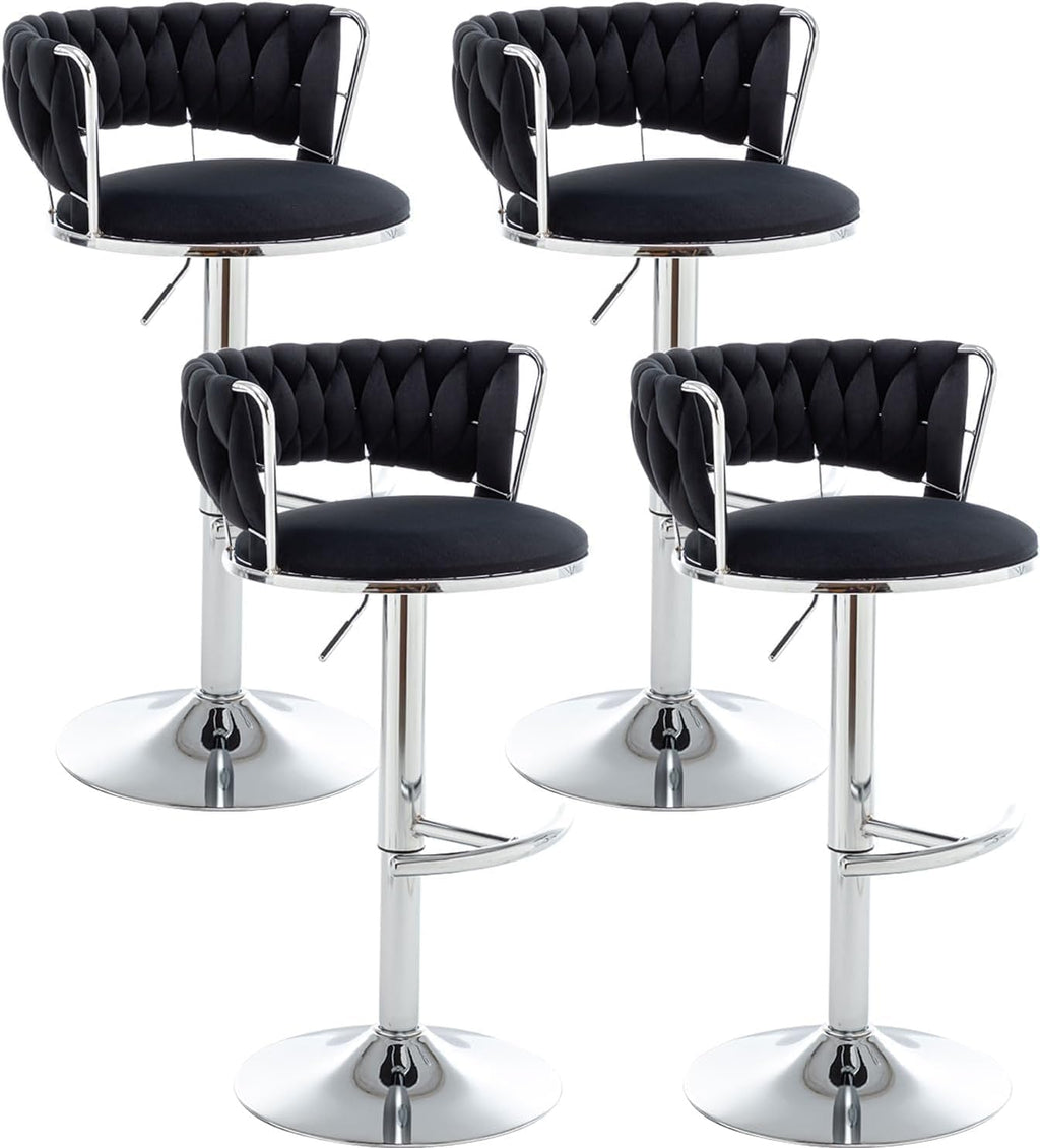 Canxkun Velvet Bar Stools Set of 4, Counter Height Bar Stools with Low Back, Modern Adjustable Height Barstools, Swivel Bar Chairs for Kitchen Island, Pub (Black)