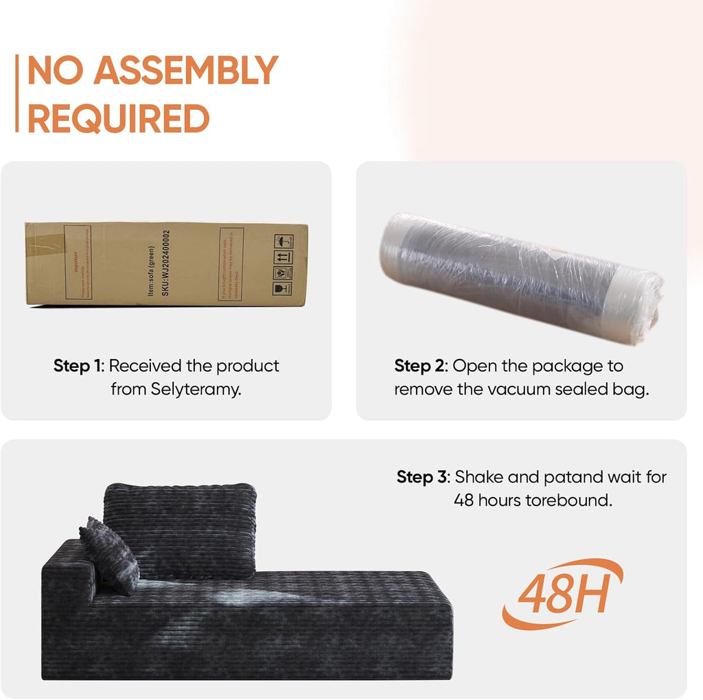 35" Sofa Bed, Boneless Cloud Couch, Rectangular Couch for Living Room, One-Piece Chaise Lounge with Pillows, Flannel Comfy Floor Sofa (Gray, Vertical Right Armrest Facing Chaise)
