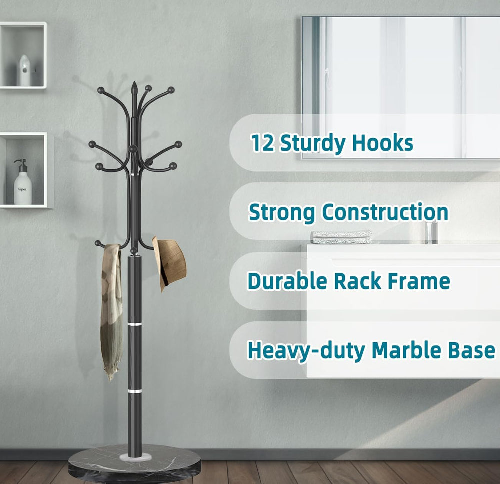 OIRUMIE Coat Rack,Coat Rack Freestanding with 12 Hooks Marble Base