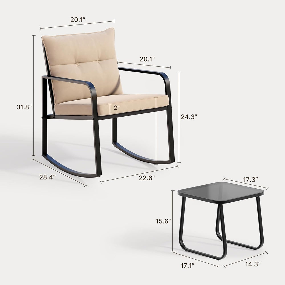 Gizoon 3 Pcs Rocking Bistro Set, Black Steel Patio Furniture,Beige Cushion