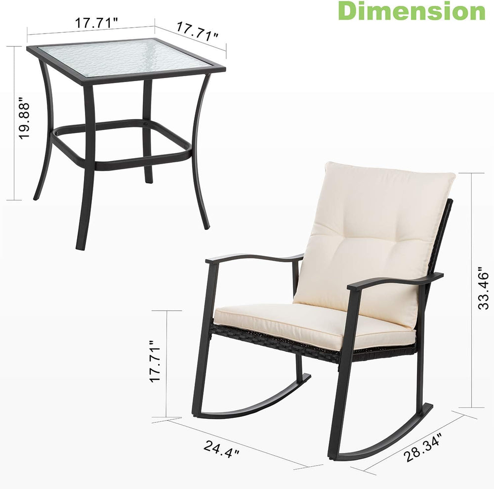 Vongrasig 3 Piece Outdoor Rocking Chair Set, PE Wicker Rattan Small Bistro Se...