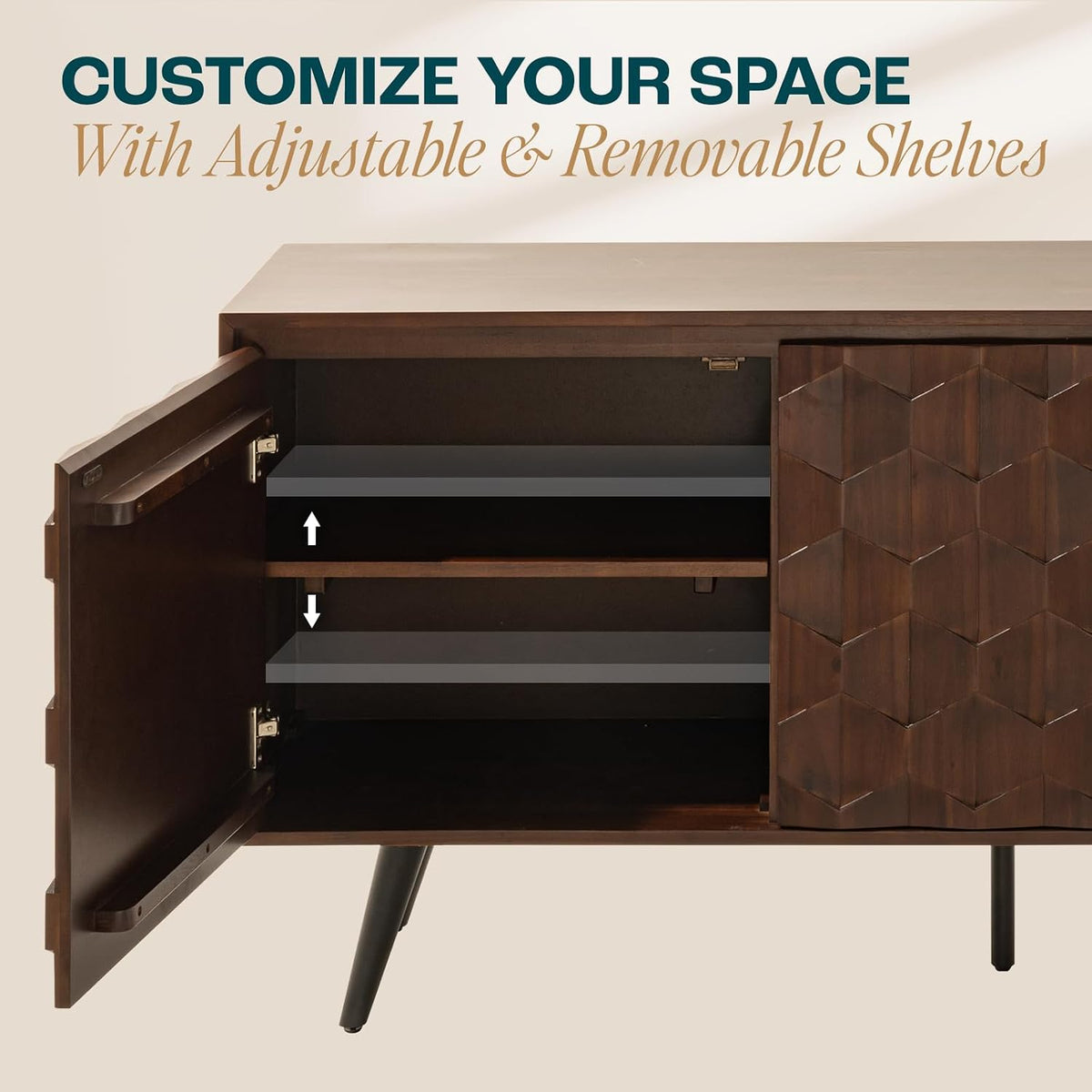 Bme Sideboard Georgina Solid Wood 2 Doors & 3 Drawers, 61'' Mid Century Modern Cabinet with Geometric Pattern for Kitchen, Dining, Living Room