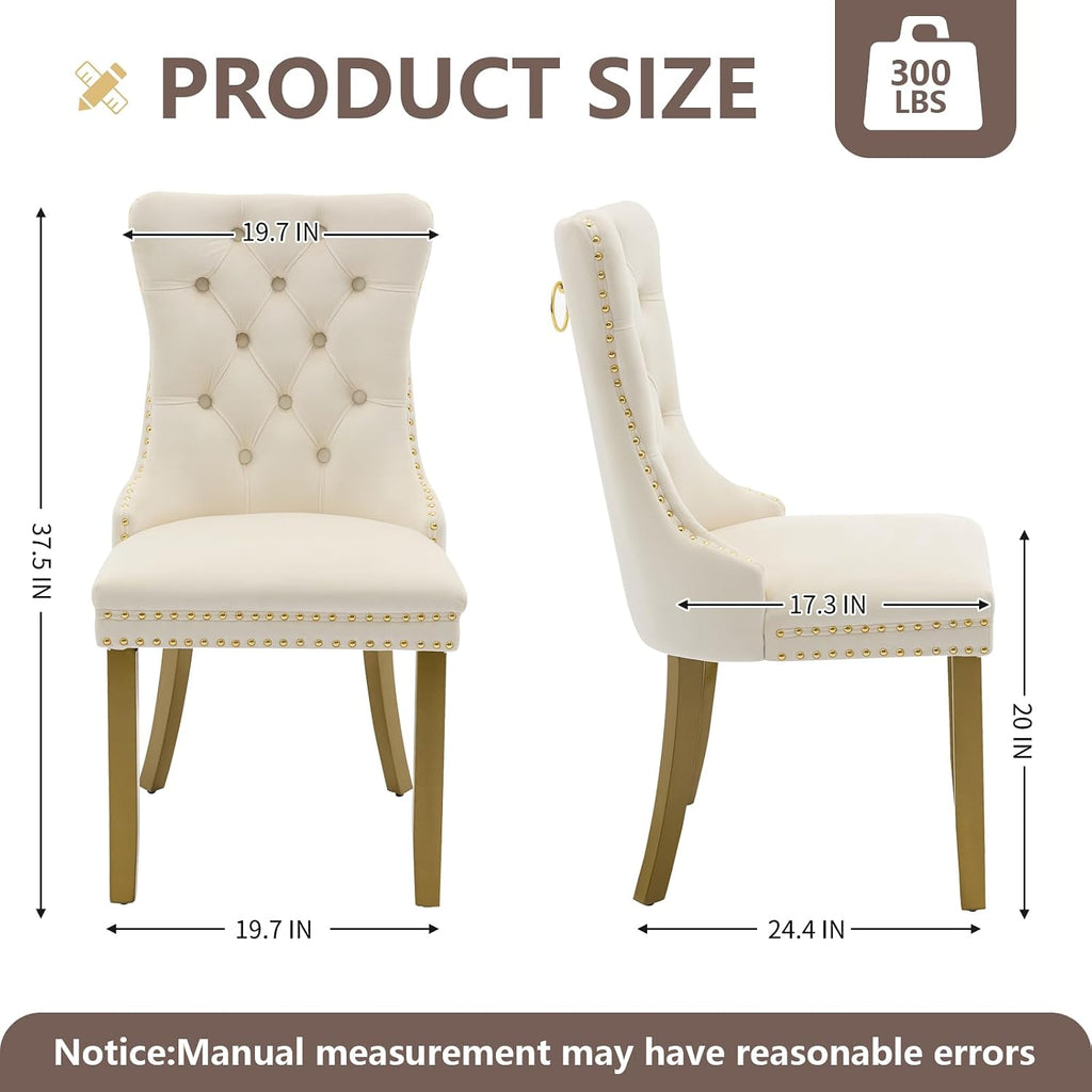 Cream Velvet Dining Chairs Set of 2, Ring Pull, Golden Solid Wood Legs