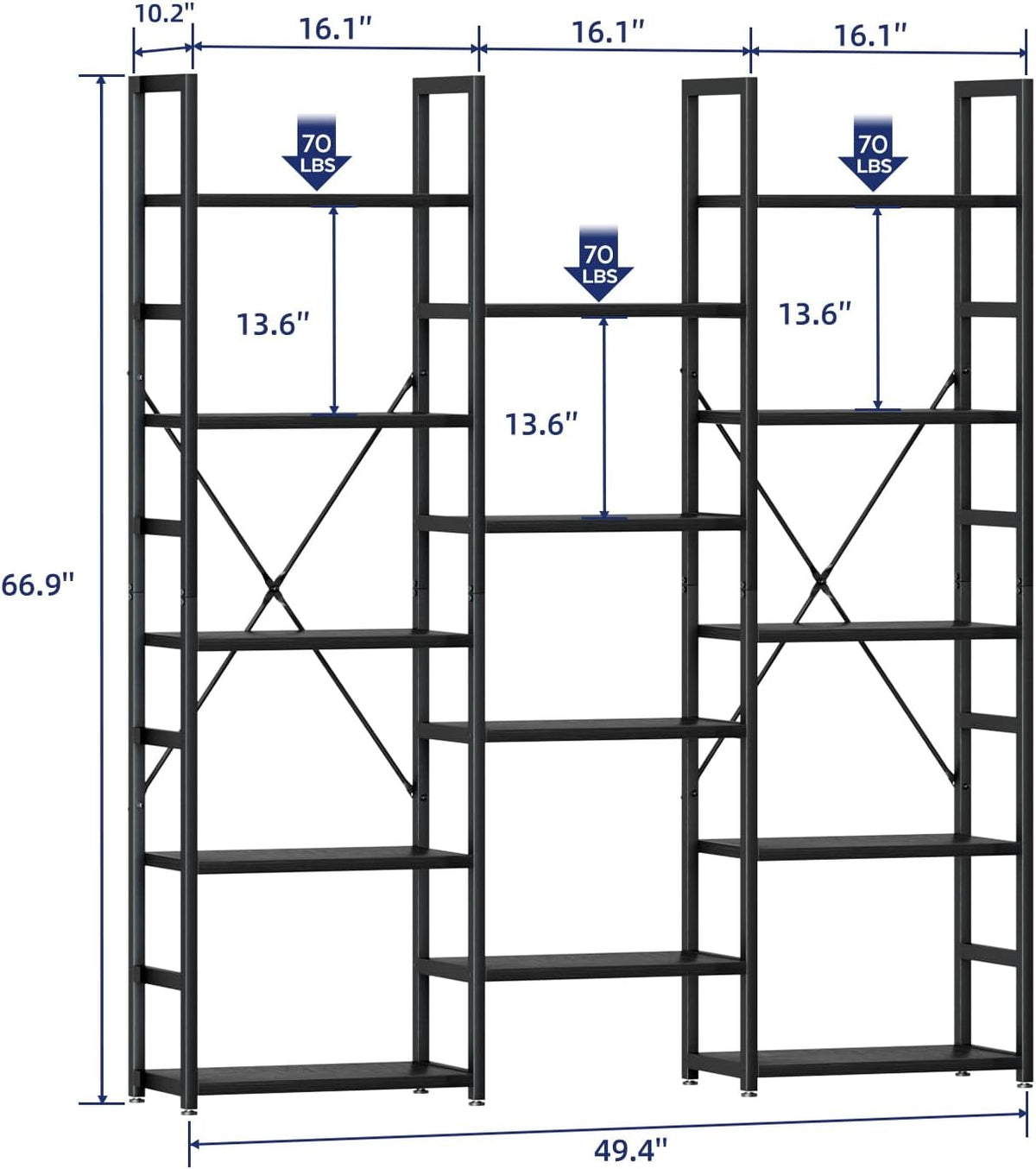 numenn triple column 5 tier bookshelf with 14, close-up detail