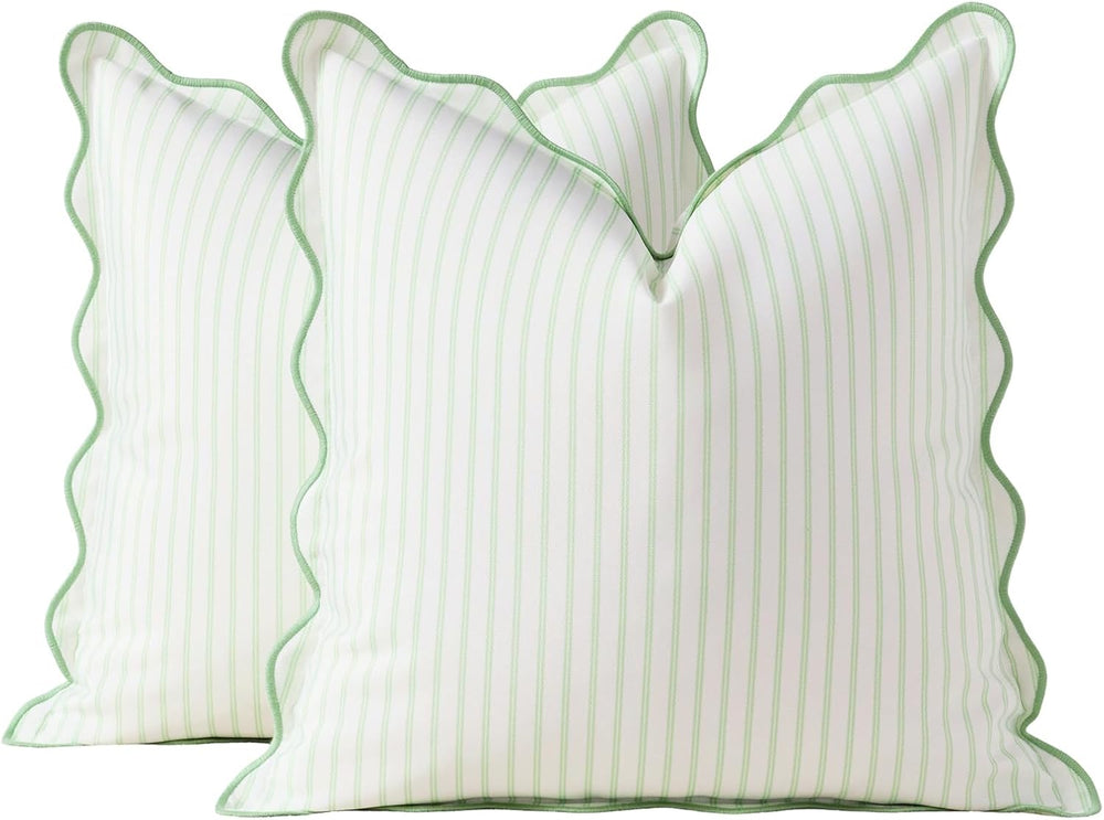 DEZENE 18x18 Green Outdoor Pillow Covers Pack of 2, Striped Scalloped Coastal...