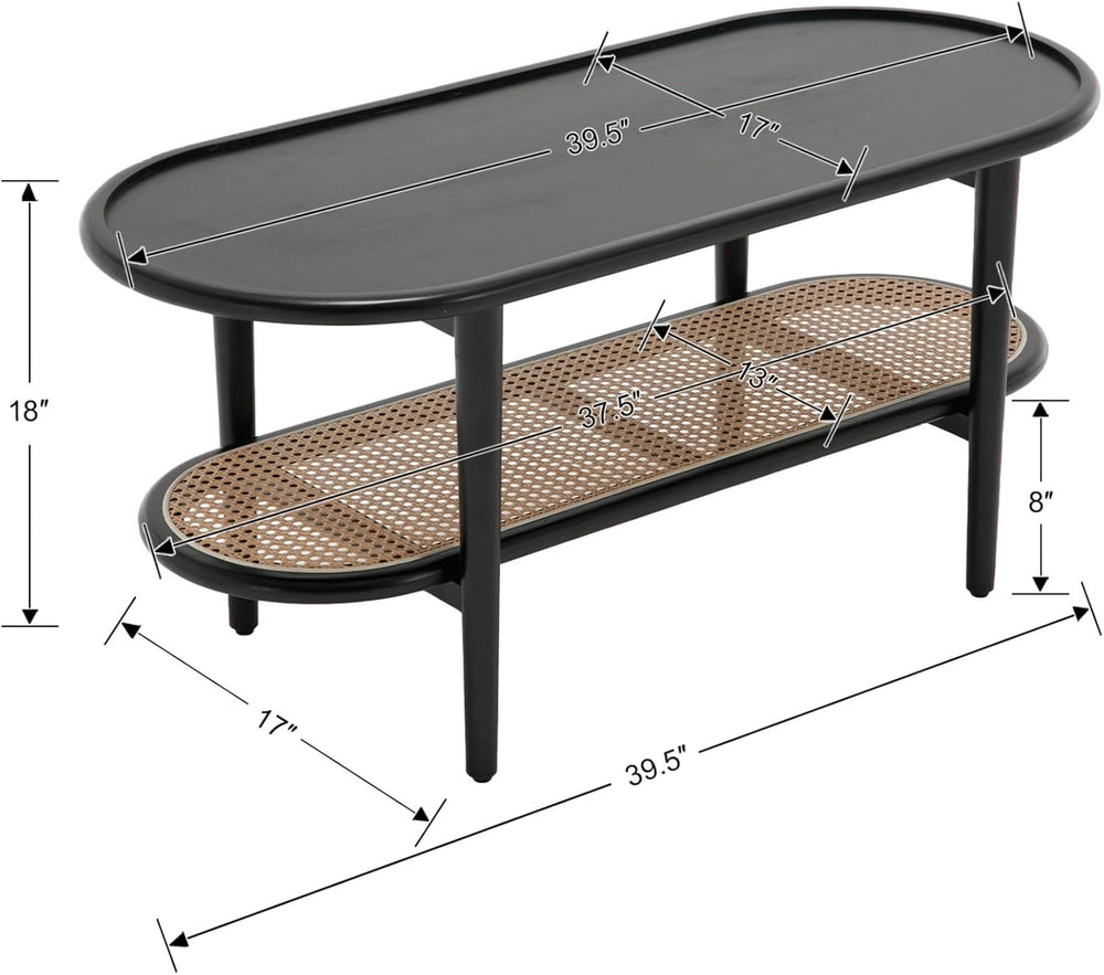Black Rattan Coffee Table, 39.5" Oval Center Table with Storage Shelf, M...