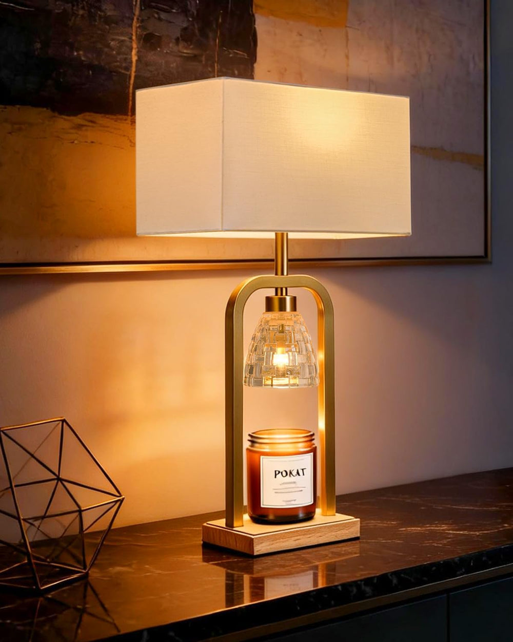 PoKat 2 in 1 Gold Table Lamp with Candle Warmer, Timer & Dimmer, Modern