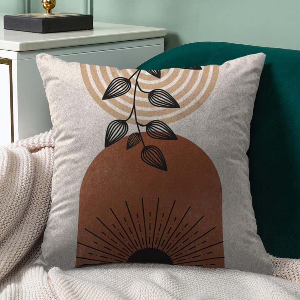 Boho Mid Century Modern Throw Pillow Covers Set of 6, Sun Moon Leaves Arch Ab...