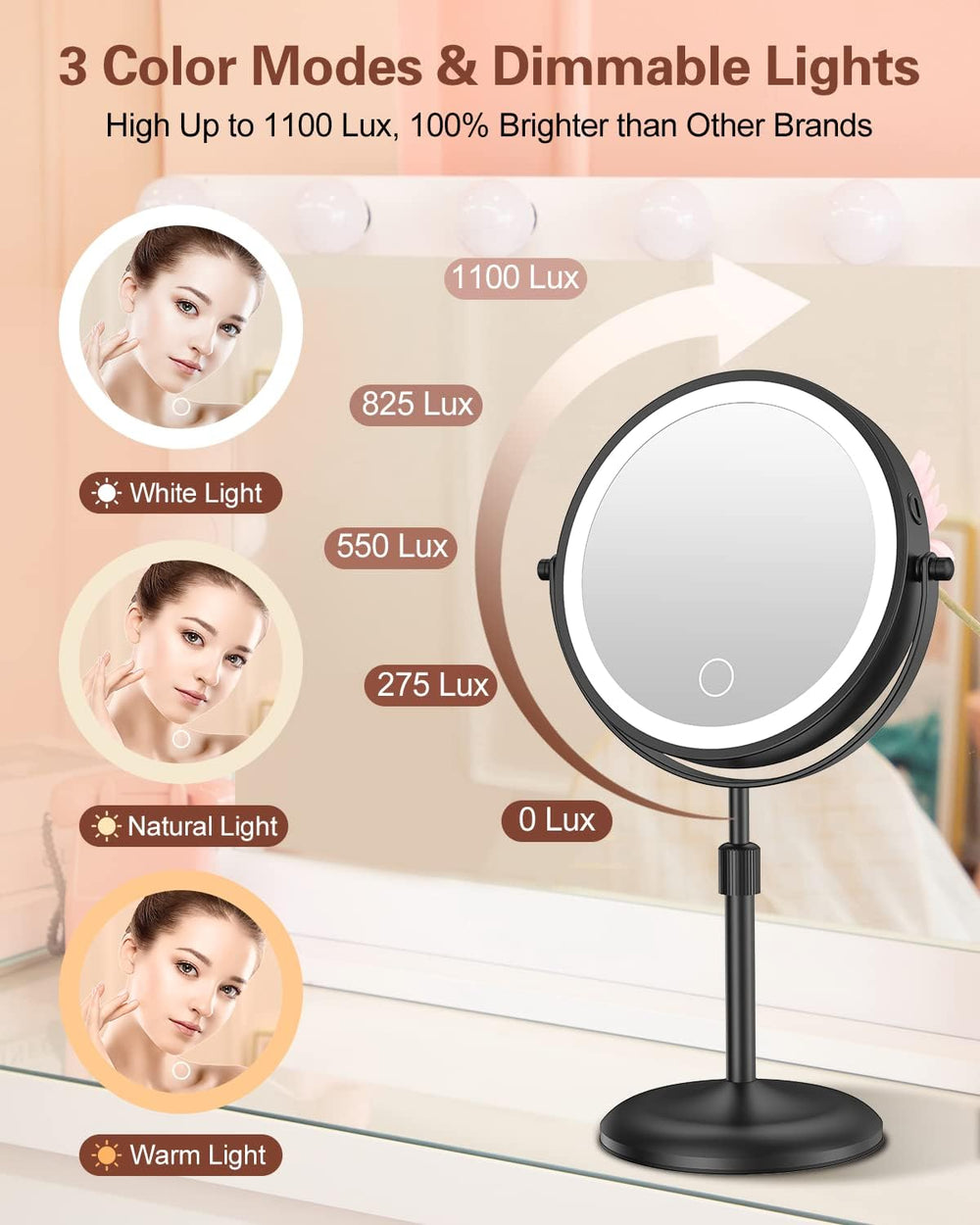 7" Lighted Makeup Mirror with Magnification 10X, Height Adjustable,3 Lights