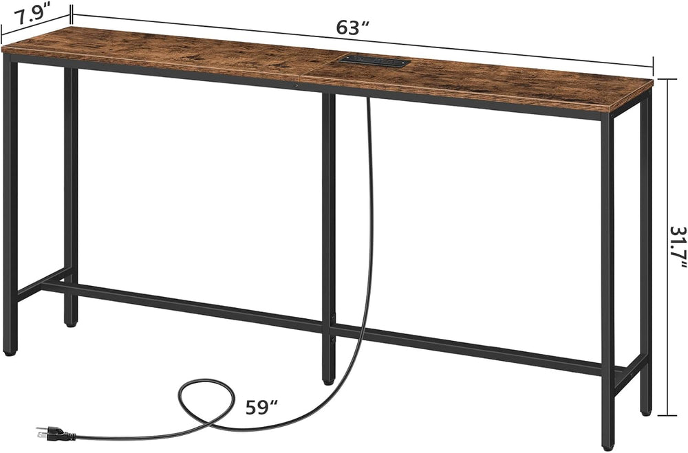 MAHANCRIS 63" Console Table with Power Outlet, Narrow Sofa Table, Brown