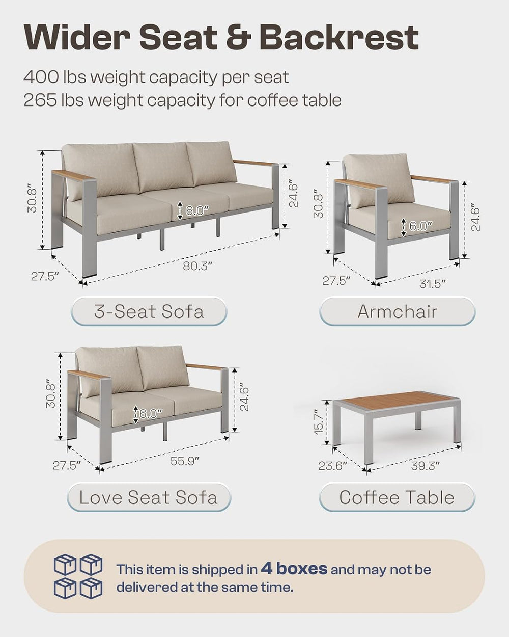 Aluminum Outdoor Patio Furniture Set with Coffee Table, 5 Piece Outdoor Conve...