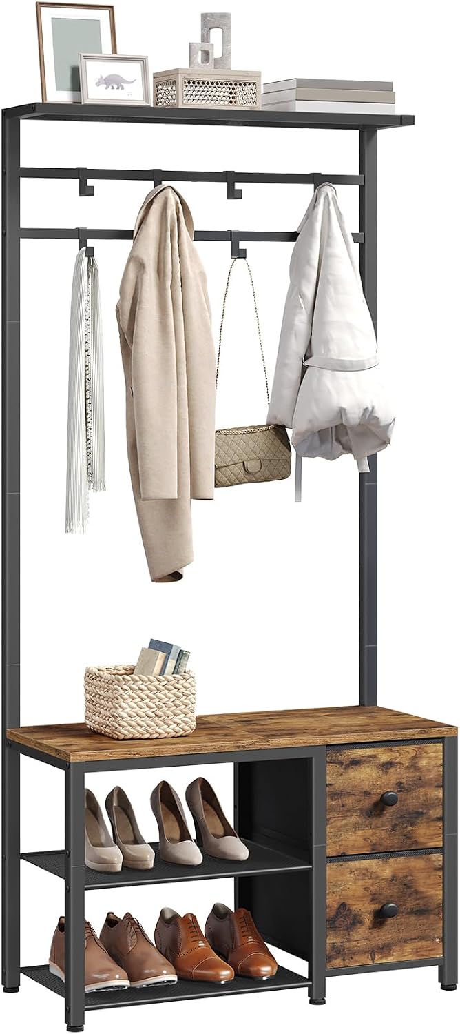 YATINEY 5-in-1 Hall Tree with Drawers, Entryway Bench with 8 Adjustable Coat ...