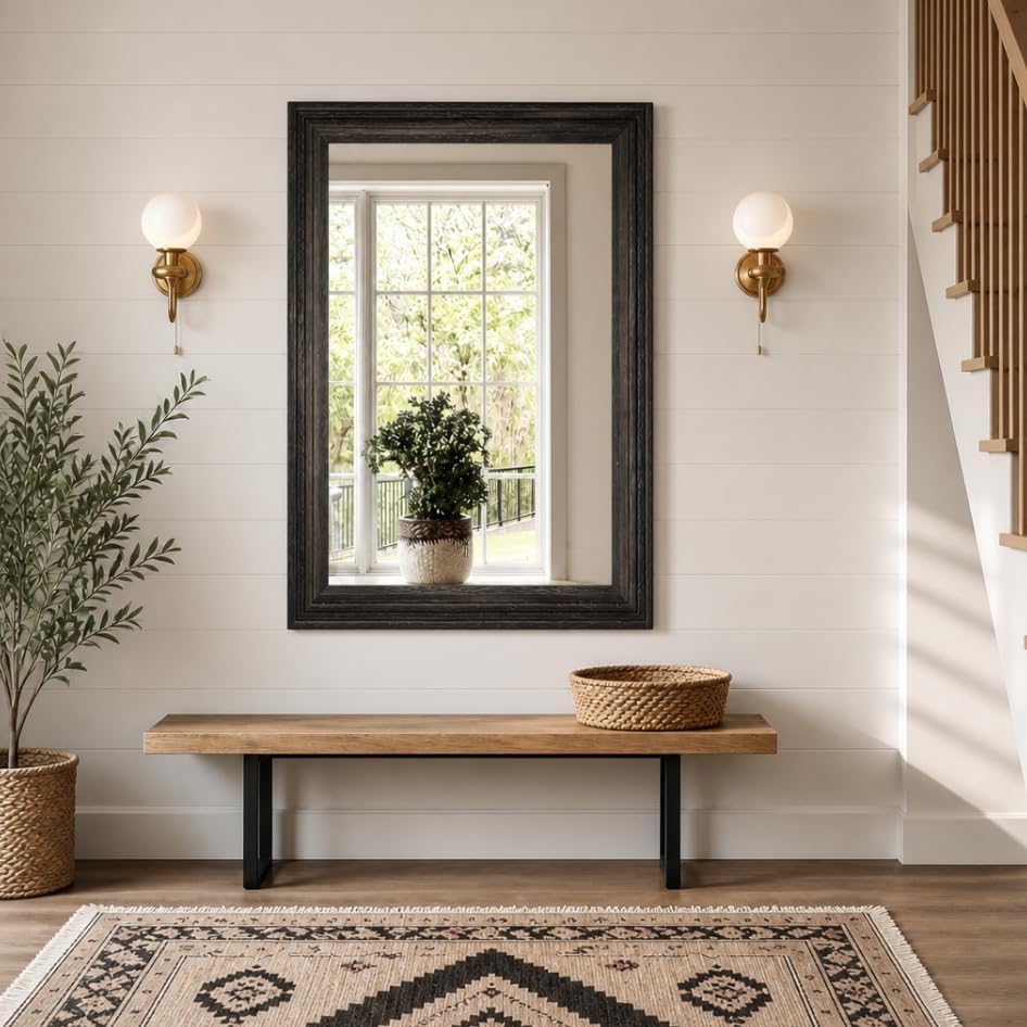 Rectangular Wall Mirror 36" x 24", Solid Wood Frame Bathroom Mirror...