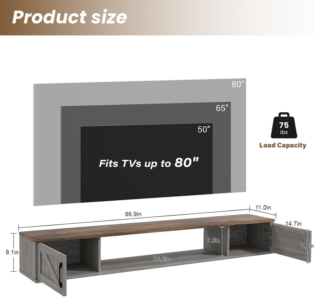70" Floating TV Stand Wall Mounted with Storage for TVs Up to 80"