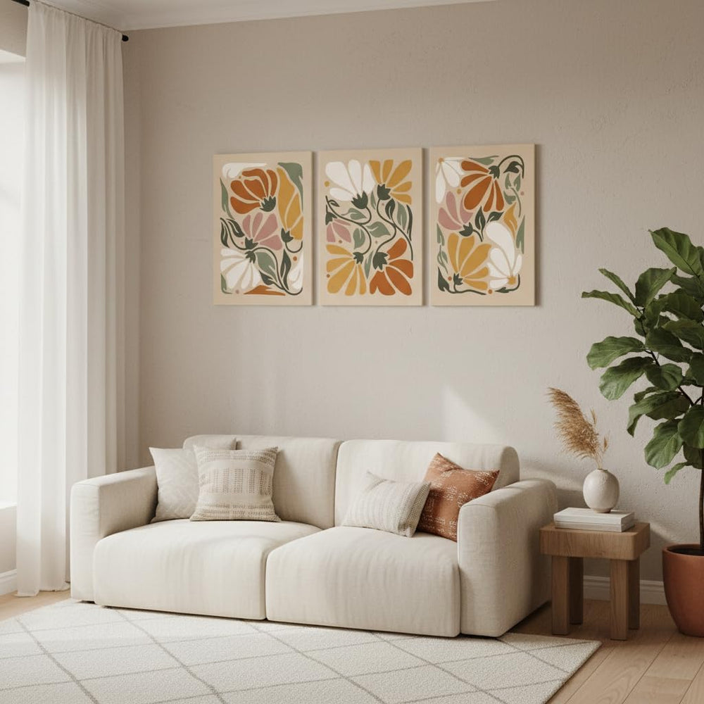 XIGBAWAN 3Pcs Boho Floral Canvas Wall Art, Abstract Flower Wall Decor