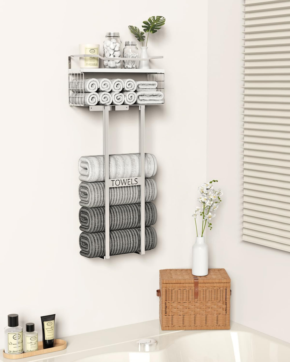 Aetyord Towel Racks for Bathroom - Wall Mounted Metal Rack with Wood Plank, B...