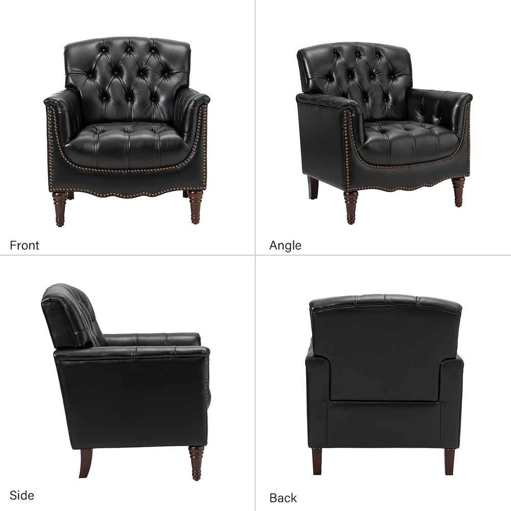 HULALA HOME Mid Century Modern Genuine Leather Accent Chair, Black