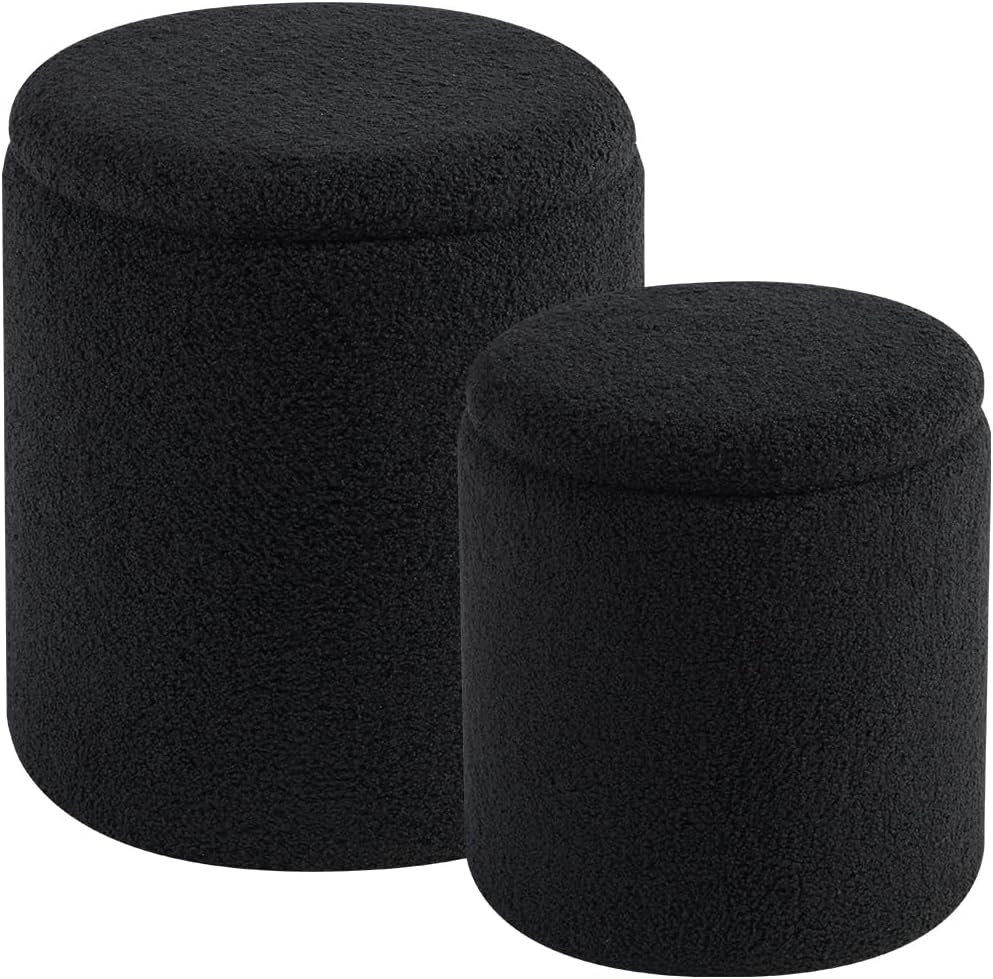 BLEXA Set of 2 Round Storage Ottoman, Black Boucle Ottoman with Storage